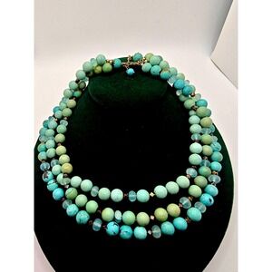 Artisan gold filled turquoise and aquamarine three strands necklace Unique
